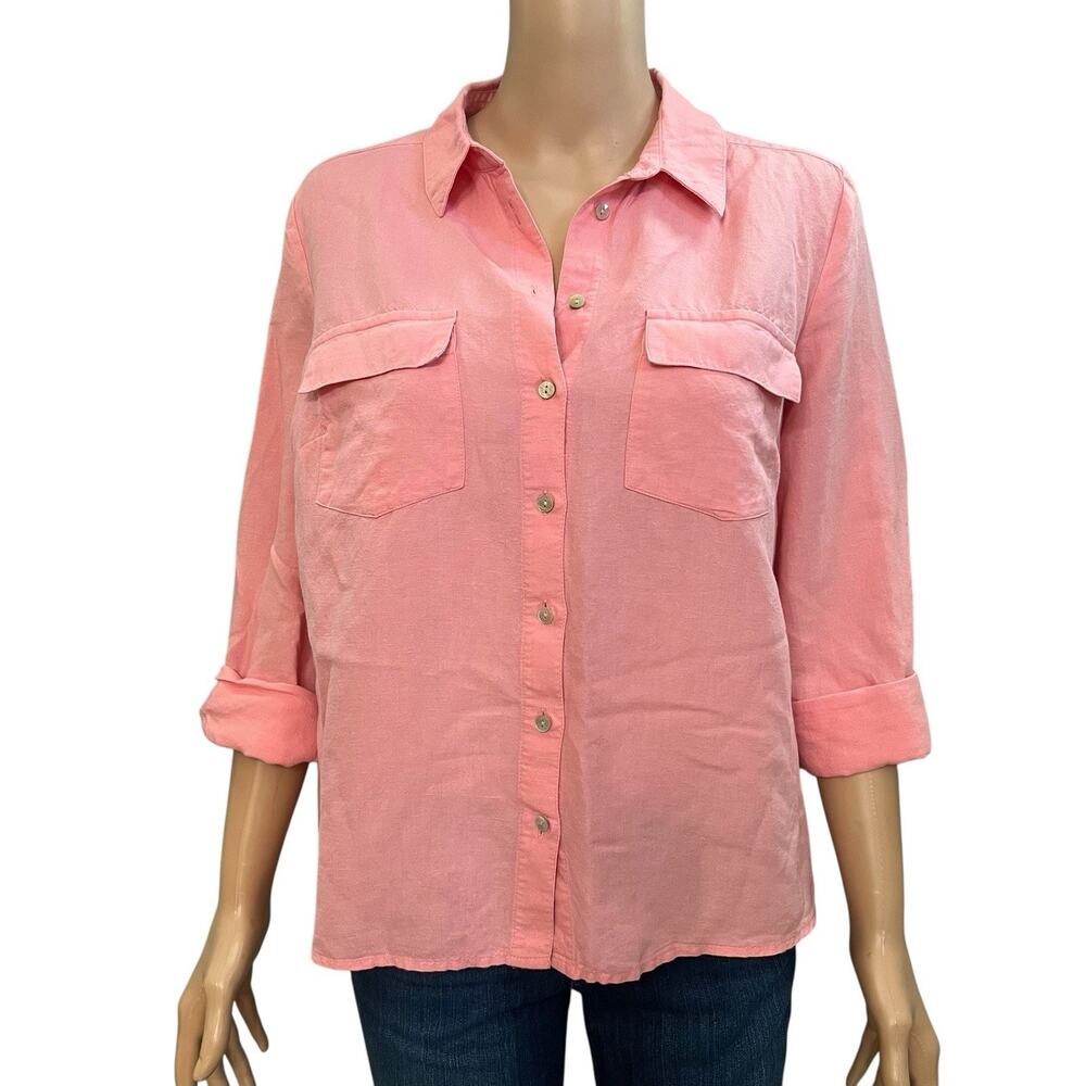 Tu Woman Linen Blend Shirt Size 10 Pink Roll Tab Sleeve Button Down Casual Woven